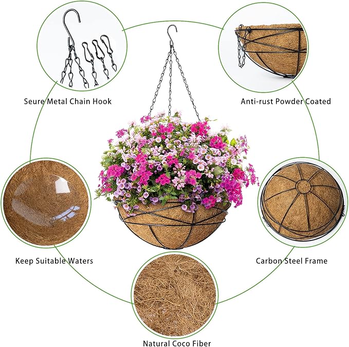 4 Pack 12 Inch Hanging Planters for Outdoor Plants Metal Watering Flower Baskets with Coco Liner for Hanging Pot Round Plant Holders Planter for Outside Garden Decoration