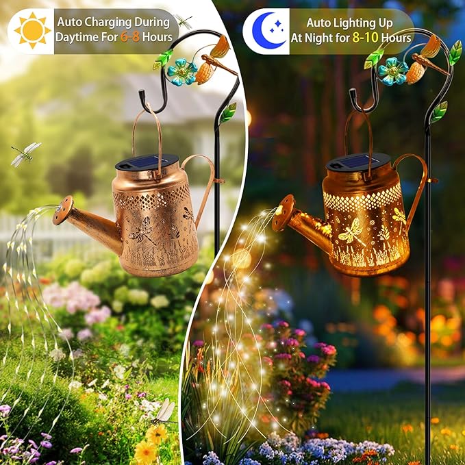 Solar Powered Dragonfly Watering Can Lights Waterproof Outdoor Garden Decor with Shepherd Hook, Hanging Patio Lights for Yard, Porch, Backyard Perfect Gardening & Birthday Gift for Women, Mom, Grandma