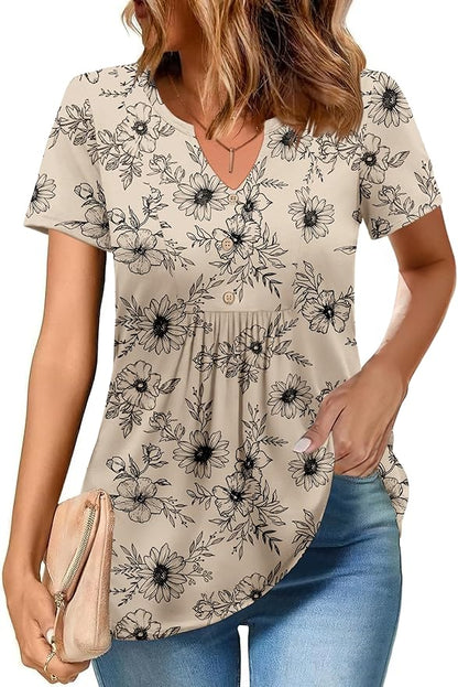 Zeagoo Womens Short Sleeve Tops Summer Henley V-Neck Tshirts Casual Pleated Blouse Dressy Loose Floral Basic Tee
