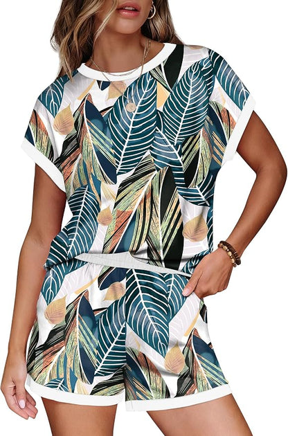 WIHOLL Two Piece Sets for Women Summer Lounge Short Sets Cap Sleeve Crew Neck Sweatsuit with Pocket XS-2XL