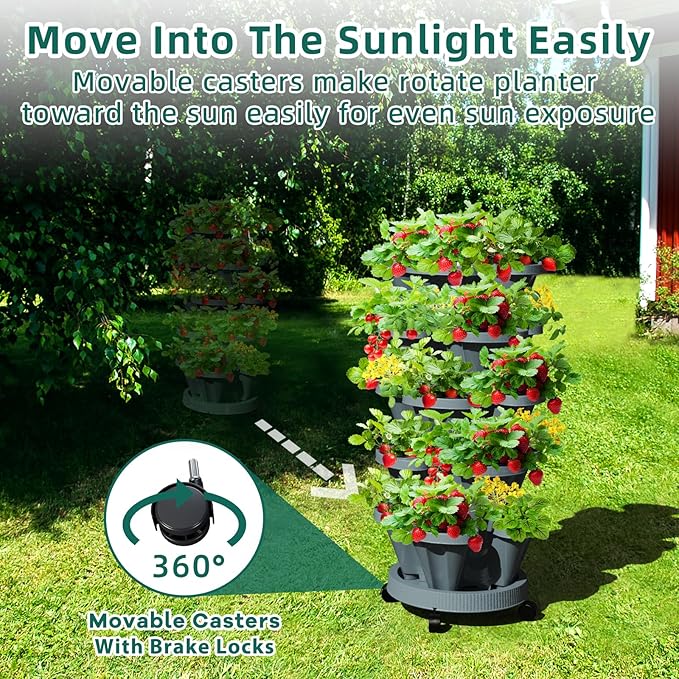 Strawberry Vertical Planter Tower Garden, 7 Tiered Stackable Planter Herb Garden Planter with Movable Casters and Bottom Saucer Indoor and Outdoor - Dark Grey