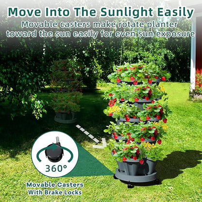 Strawberry Vertical Planter Tower Garden, 7 Tiered Stackable Planter Herb Garden Planter with Movable Casters and Bottom Saucer Indoor and Outdoor - Dark Grey