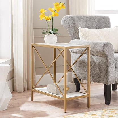 Leick Home 9217-WTGL Claudette Mixed Metal and Wood Side Table with Shelf, White/gold
