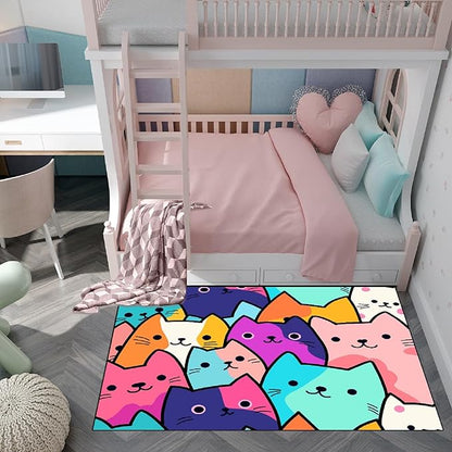 Cat Rug for Girls Bedroom - Cat Area Rug Cartoon Cat Rug Carpet for Kids Room Cute Cat Rugs Room Decor Colorful Anime Rug with Cat Printed, 4.5x6 Feet