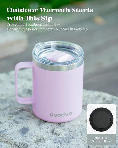 12oz Insulated Coffee Mug with Lid – Includes Two Lids, Stainless Steel Coffee Travel Mug with Handle, Double Wall Vacuum Insulated Camping Mug for Home, Office & Outdoor, Pink