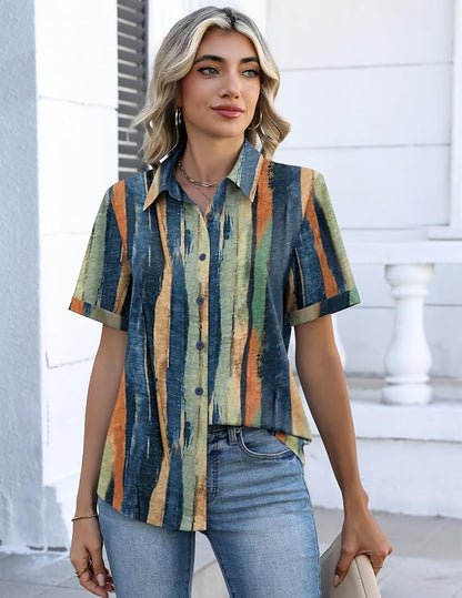 Zeagoo Button Down Shirts for Women Short Sleeve Collared Tops Dressy Casual V Neck Blouses