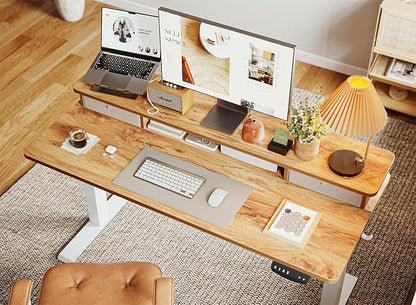 BANTI 48x24 Inch Electric Standing Desk with Double Drawers, Adjustable Height Stand Up Desk, Sit Stand Home Office Desk with Storage Shelf, Light Rustic Brown Top