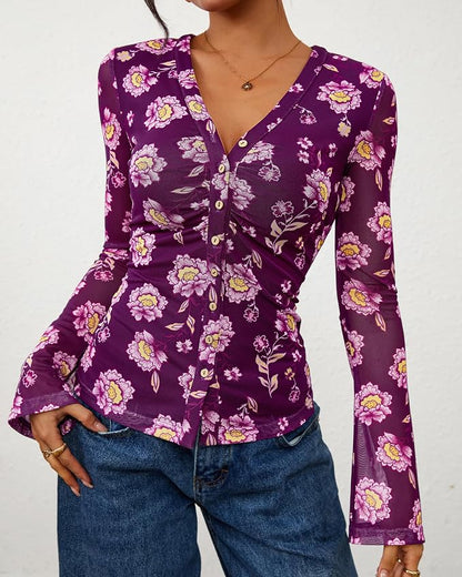 BTFBM Button Down Shirts for Women 2026 Fall Boho Tops V Neck Long Sleeve Blouses Ruched Mesh Fitted Fashion Clothing