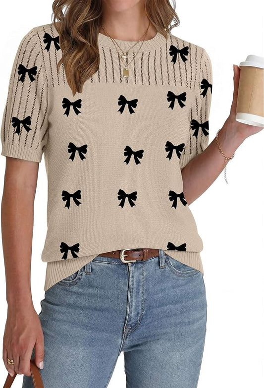 Zeagoo Women's Short Sleeve Sweater Tops 2026 Spring Summer Crew Neck Hollow Out Blouses Dressy Business Casual Outfits