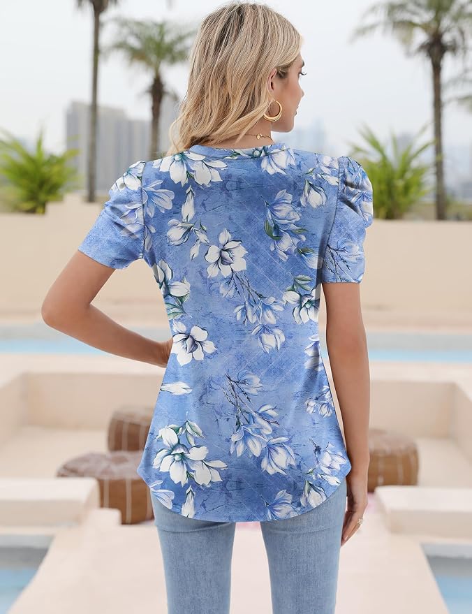 Ivicoer Puff Short Sleeve Shirt for Women Eyelet Tops Summer Crewneck Blouse Loose Fit S-XXL