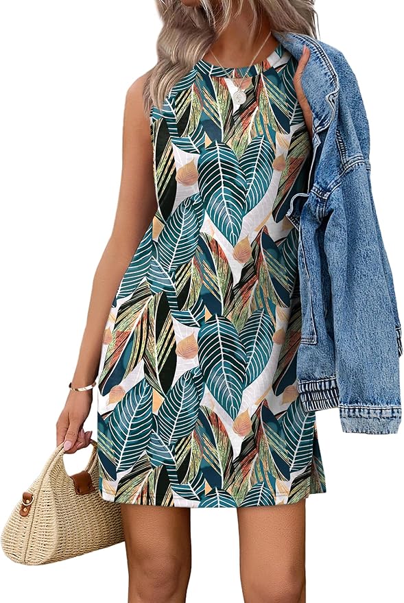 WIHOLL Casual Dresses for Women Crewneck Sleeveless Tank Dress Summer Spring Boho Vacation Clothes