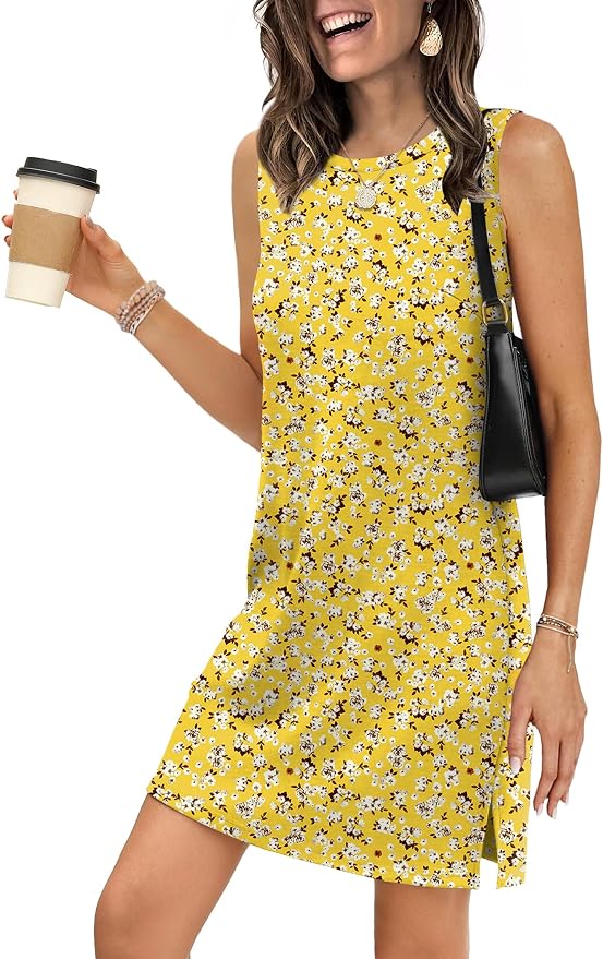 WIHOLL Casual Dresses for Women Crewneck Sleeveless Tank Dress Summer Spring Boho Vacation Clothes