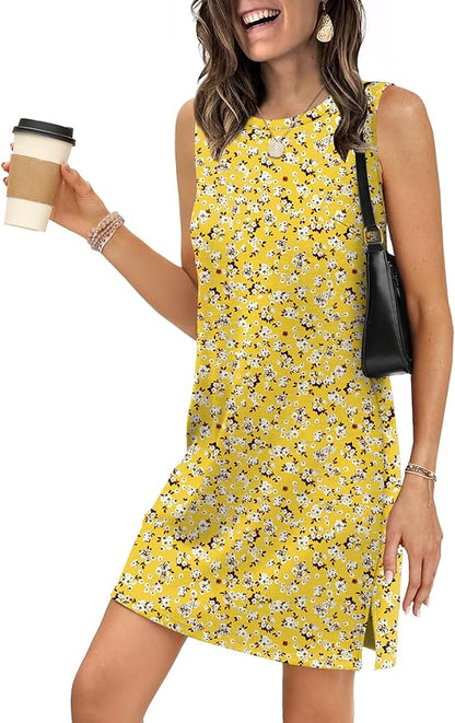 WIHOLL Casual Dresses for Women Crewneck Sleeveless Tank Dress Summer Spring Boho Vacation Clothes