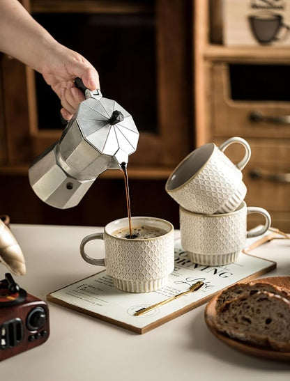 Gomakren Coffee Mugs Set of 4 Ceramic Coffee Cup with Stand, Creamy White | 13oz Stackable, Embossed Grid Mugs, Black Metal Rack, Lead-Free Dishwasher Safe, with Gold Spoons for Home Coffee Bar