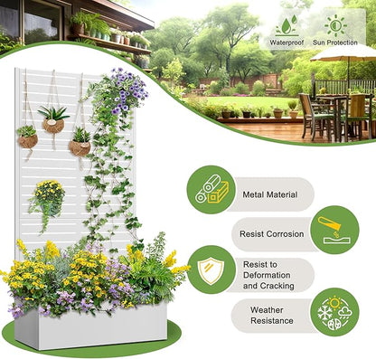 FENCY Metal Raised Garden Bed with Trellis, Metal Planter Box with Trellis, Garden Box for Climbing Plants Vegetable, 35" Lx16 Wx71 H Garden Bed with Drainage Holes(White-Louvered)