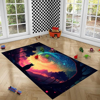 Moon Black Cat Rug - Mystical Stary Night Cat Rug for Kids Bedroom Colorful Black Cat Rug Decor Room Cat Door Mats Outdoor Entrance, 2.5x4 Feet