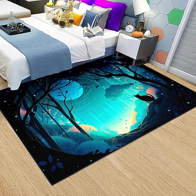 Cat Rug - Magic Black Cat Rug for Home Decor Moon Black Cat Rug for Boys Room Cat Door Mats Outdoor Entrance Forestscape Cat Rug, 4x5 Feet