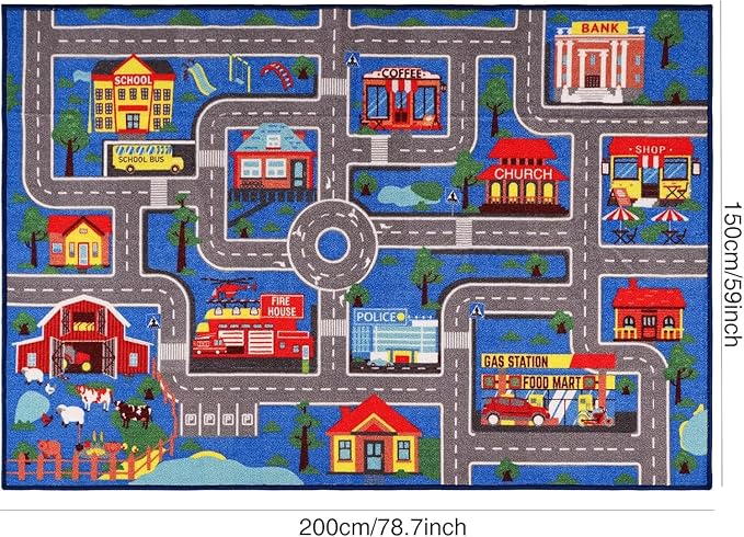 Kids Carpet Playmat Rug 78.7"x59", Car Rug for Kids Cars, Non-Slip Town City Road Map Kids Rug for Playroom Bedroom Boys, Kids Car Mat Road Rug, Track Rug Car Play Rug for Kids (78.7X59Inch,Blue)