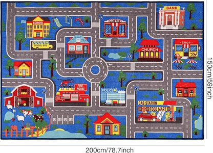 Kids Carpet Playmat Rug 78.7"x59", Car Rug for Kids Cars, Non-Slip Town City Road Map Kids Rug for Playroom Bedroom Boys, Kids Car Mat Road Rug, Track Rug Car Play Rug for Kids (78.7X59Inch,Blue)