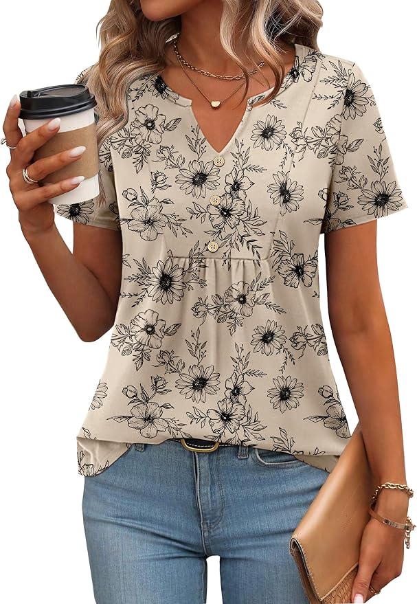 Zeagoo Womens Short Sleeve Tops Summer Henley V-Neck Tshirts Casual Pleated Blouse Dressy Loose Floral Basic Tee