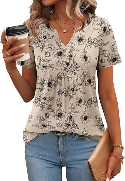 Zeagoo Womens Short Sleeve Tops Summer Henley V-Neck Tshirts Casual Pleated Blouse Dressy Loose Floral Basic Tee