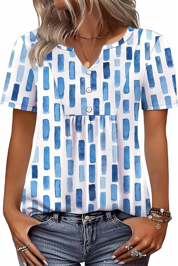 Zeagoo Womens Short Sleeve Tops Summer Henley V-Neck Tshirts Casual Pleated Blouse Dressy Loose Floral Basic Tee