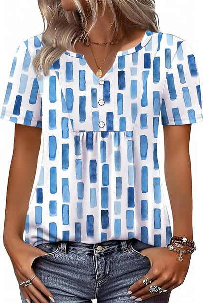 Zeagoo Womens Short Sleeve Tops Summer Henley V-Neck Tshirts Casual Pleated Blouse Dressy Loose Floral Basic Tee
