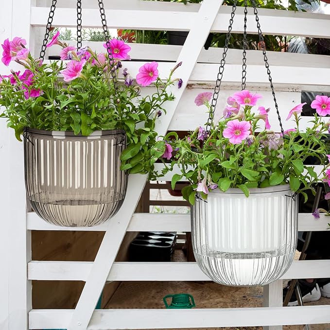Maxcheck 4 Pcs Self Watering Hanging Planters Indoor Gift 6.5'' 4.5'' Hanging Flower Pots Baskets Outdoor Self Watering Plant with 3hooks Drainage Holes for Home(Grey,Clear)