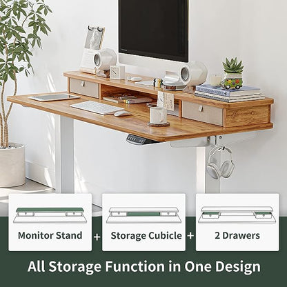 FEZIBO 60 x 24 Inch Height Adjustable Electric Standing Desk with Double Drawer, Stand Up Desk with Storage Shelf, Sit Stand Desk, Light Rustic
