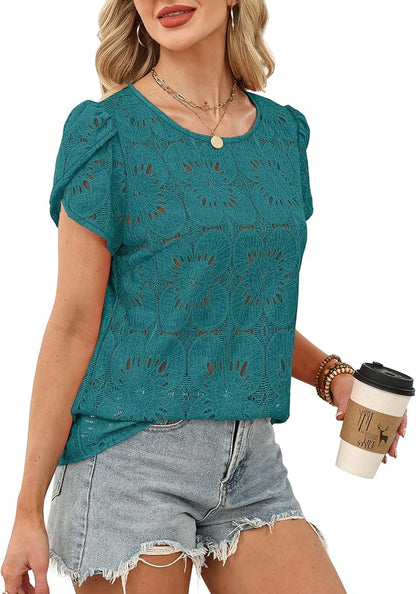 OFEEFAN Blouses for Women Dressy Casual Petal Short Sleeve Shirts Crochet Lace Boho Tops Spring Fashion Summer Outfits