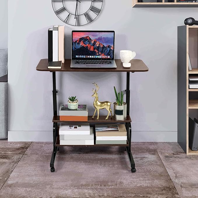 Adjustable Mobile Laptop Desk Home Office Desk Detachable Wheels Desk Portable Height Mobile Bedside Table Veranda Office Desk Additional Storage Rack Small Spaces Desk Size 15.7x31.5'Brown