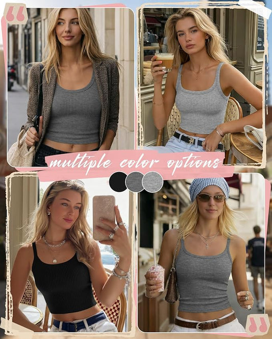 Ficerd 3 Pack Women's Tank Tops 95% Cotton Spaghetti Strap Ribbed Crop Camisole Slim Fitted Basic Summer Sleeveless Layer