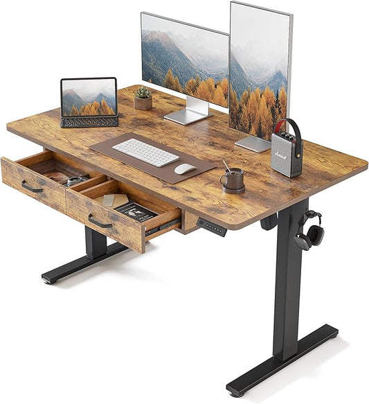 FEZIBO Standing Desk with Double Drawer, 48x 24 Inches Adjustable Height Electric Stand up desk, Ergonomic Workstation Black Frame/Fir Brown Top