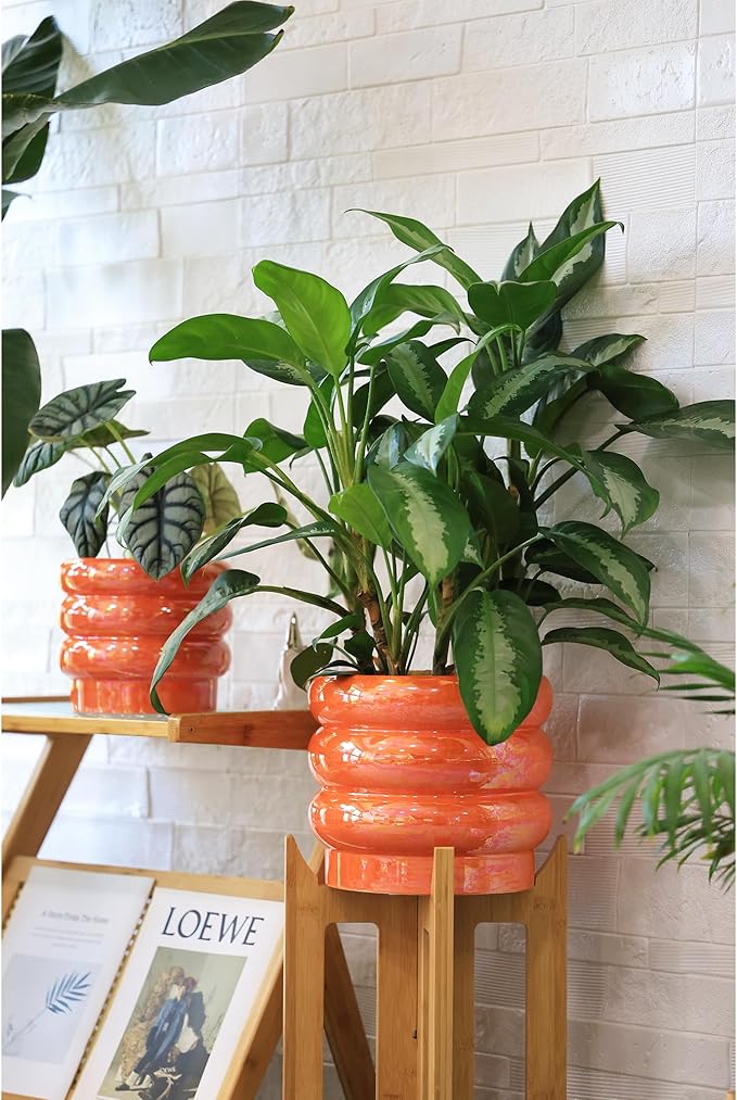 10 inch Ceramic Plant Pots for Indoor Plants, Rainbow Pearl Glaze Planter with Planters for Plants with Drainage Hole, Orchid Pots, Succulent Pot,Large Flower Pot (Orange)