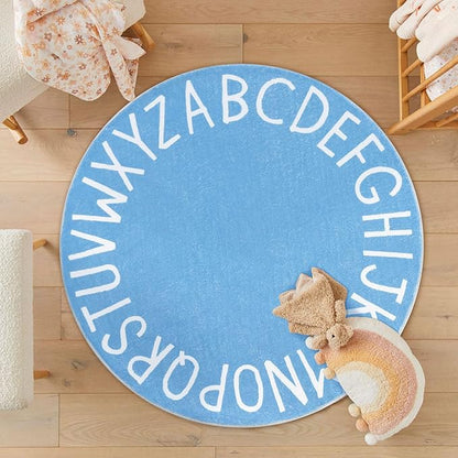Topotdor Round Kids Play Rug Alphabet Nursery Area Rug Extra Large Soft Crawling Play Mat for Children Toddlers Bedroom (47 inch, Sky Blue)