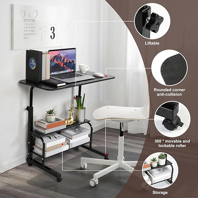 Adjustable Mobile Laptop Desk Portable Detachable Wheels Home Office Desk Height, Bedside Table Additional Storage Rack Small Spaces Veranda Office Desk Size 15.7 * 31.5 Inch Black