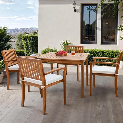 Flamaker 5 Piece Outdoor Dining Set Acacia Wood Patio Table and Chairs with Soft Cushions Patio Furniture for Deck, Backyard, Garden