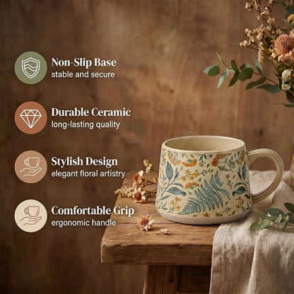 Ceramic Coffee Mug, 13oz Floral Design Pottery cute mugs, Ideal Gift for Women unique vintage pretty coffee mugs (Summer Whisper)