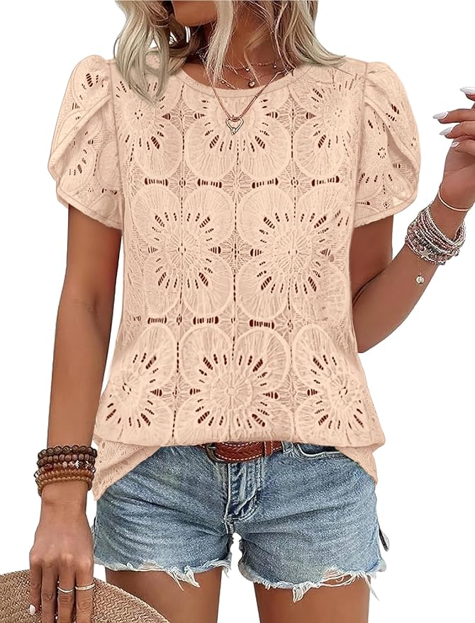 OFEEFAN Blouses for Women Dressy Casual Petal Short Sleeve Shirts Crochet Lace Boho Tops Spring Fashion Summer Outfits