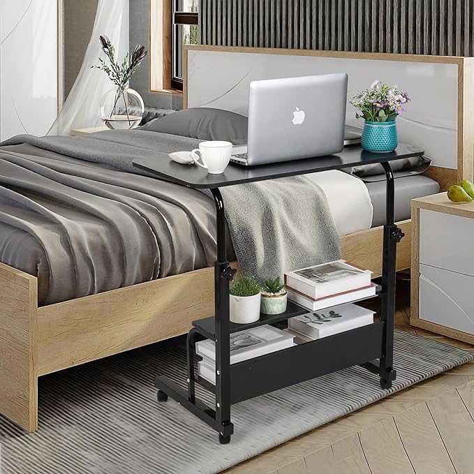 Adjustable Mobile Laptop Desk Portable Detachable Wheels Home Office Desk Height, Bedside Table Additional Storage Rack Small Spaces Veranda Office Desk Size 15.7 * 31.5 Inch Black