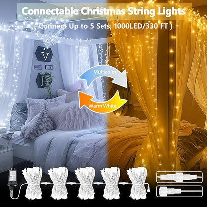 Warm White to Cool White Color Changing 200 LED 66FT Connectable Christmas String Lights for Outdoor Indoor Waterproof, 11 Modes Twinkle Fairy Lights Clear Wire for Christmas Tree Memory Remote Timer