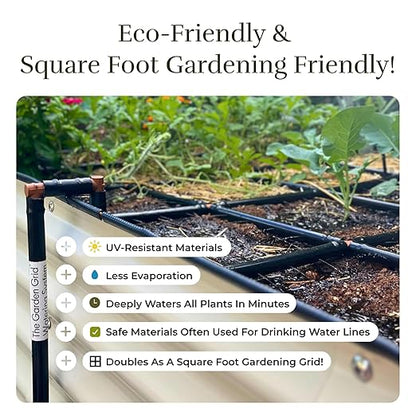 Garden Grid Watering System | Raised Garden Bed Drip Irrigation System – But Better | Pre-Assembled, Waters Every Plant Evenly, 1-Minute Setup | Square Foot Gardening Grid | US-Made (Cornerless, 2x6)