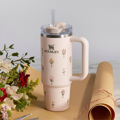 STANLEY Quencher H2.0 Flow State Tumbler, 40 oz, Rose Quartz Bouquets | Handle and Straw | 3-Position Lid | Cup Holder Compatible for Travel | Insulated Stainless Steel Cup | BPA-Free