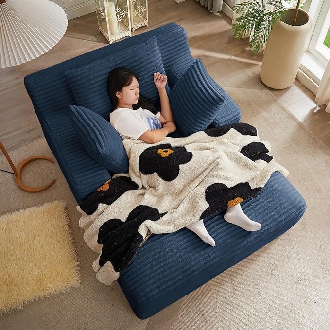 50 Inches Chaise Lounge Indoor, Oversized Chaise Lounge Chair with 3 Throw Pillows and Armrests, Corduroy Upholstered Plush Sofa Bed Lazy Chair Bed Sleeper Chair for Living Room Apartment (Blue)