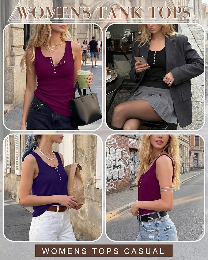 Ficerd 3 Pack Women's Henley Tank Tops Sleeveless Button Down Summer Shirts 2026 Casual Trendy Loose U Neck Tee Blouses