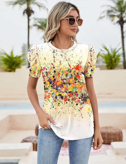 Ivicoer Puff Short Sleeve Shirt for Women Eyelet Tops Summer Crewneck Blouse Loose Fit S-XXL