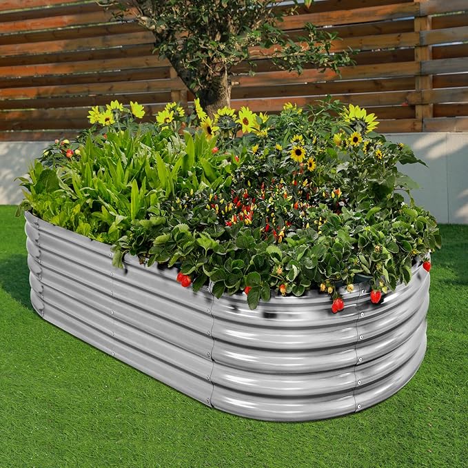 Land Guard 4×2×1.5ft Galvanized Raised Garden Bed Kit, Galvanized Planter Garden Boxes Outdoor, Oval Large Metal Raised Garden Bed for Vegetables……… (Classic Silver