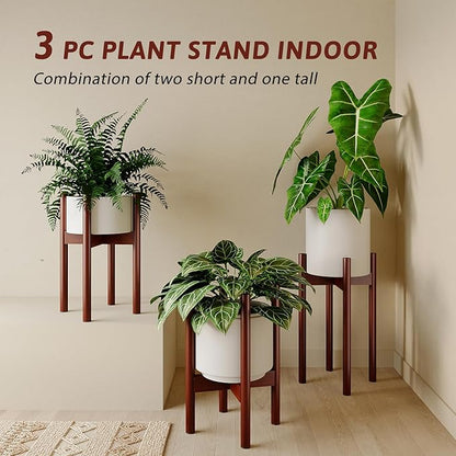 Adjustable Plant Stand Indoor, Bamboo Plant Holder 8 to 12 Inches, 3 Pack Single Floor Plant Stand for Living Room Balcony Bedroom, Reddish Brown