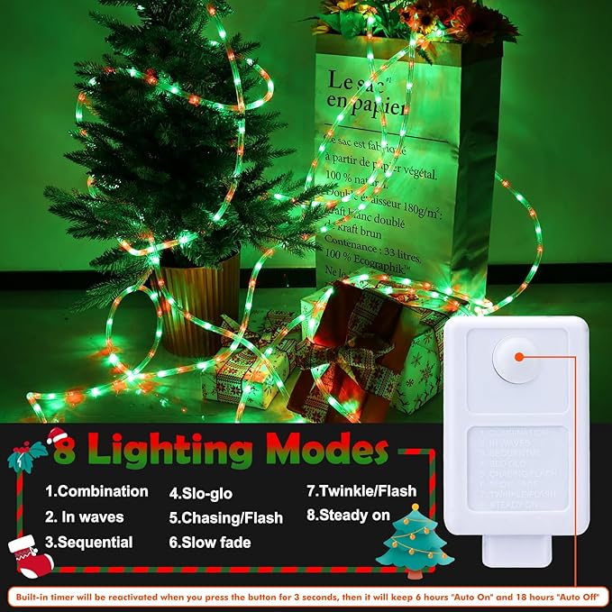 150ft LED Rope Lights Outdoor, 1080 LED Connectable and Flexible Tube Lights with 8 Modes, Waterproof LED Rope Lighting for Garden Patio Pool Bedroom PartyIndoor Outdoor Christmas Decor (Red & Green)