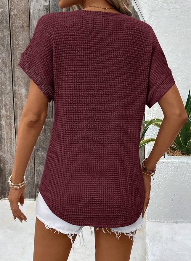 Dokotoo Womens Waffle Knit Tops 2026 Spring Summer V Neck Shirts Casual Trendy Women's Blouses Basic Tee